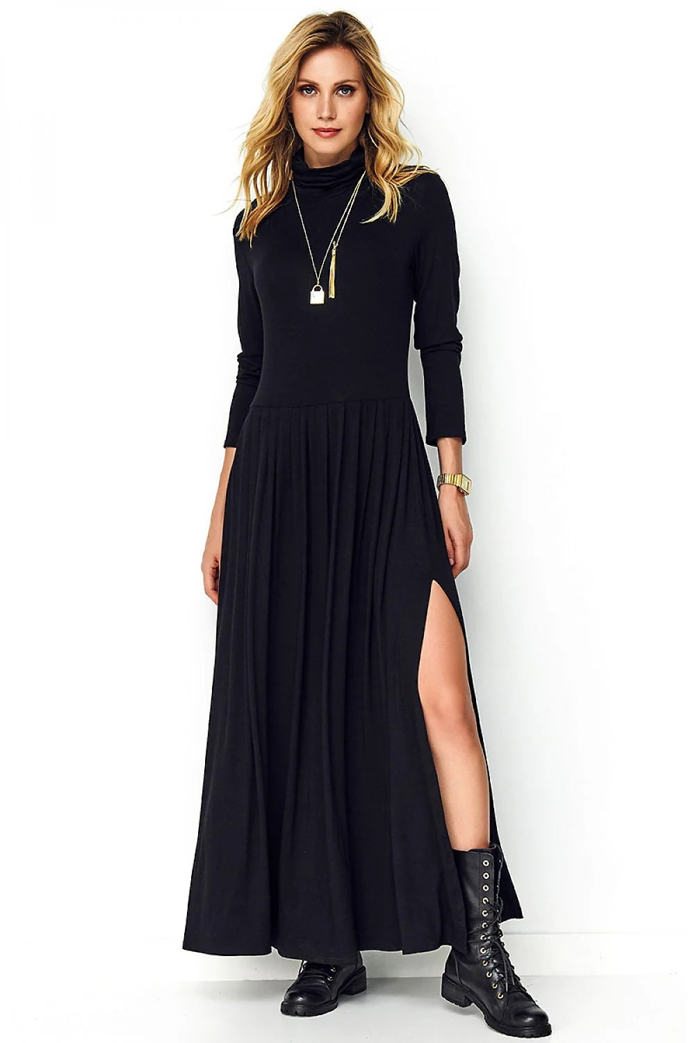 Robe longue jersey noir élégante col roulé manches longues fente haute femme mode chic