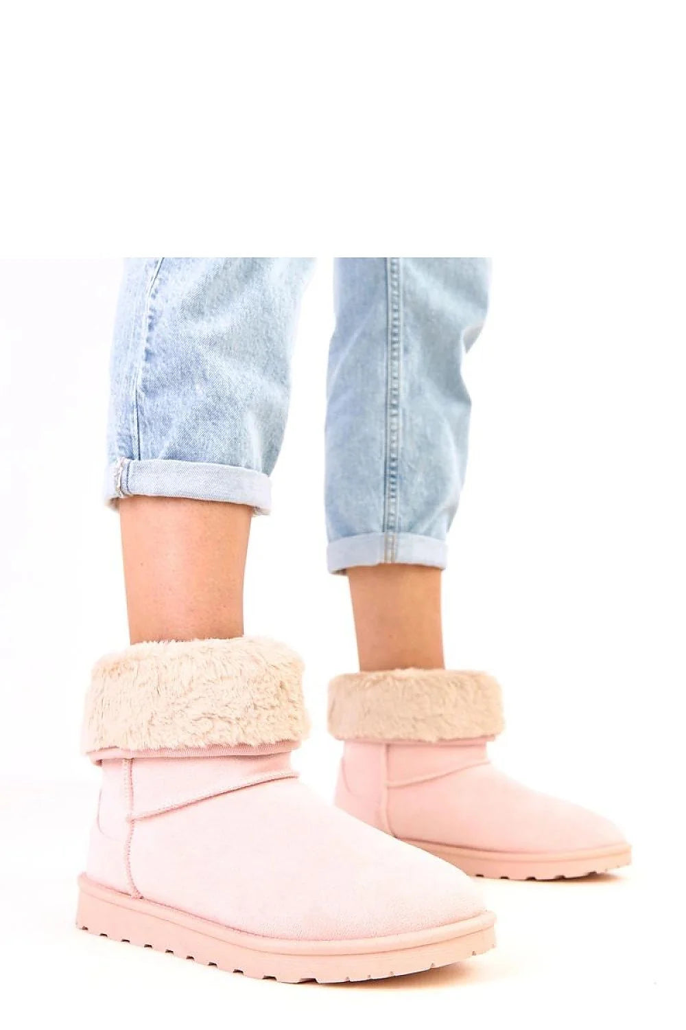 bottines fourrées femme neige cheville suédine rose pâle retroussé fausse fourrure doublure chaude semelle crantée antidérapante plateforme 25mm