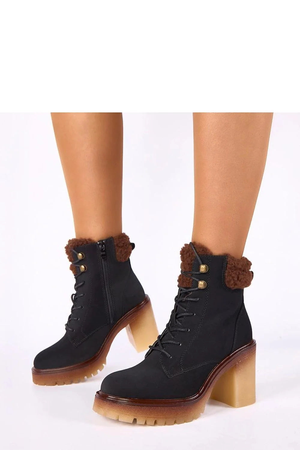 bottines noires fourrure tige Alona Gemre femme montantes lacets chunky faux daim zip latéral semelle plateforme crantée talon bloc confortable