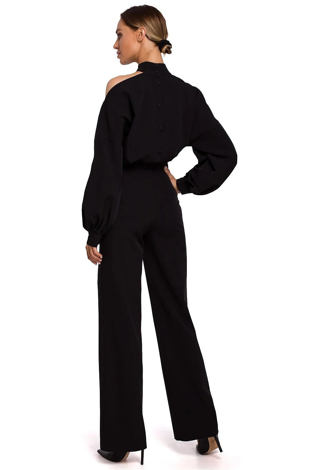 Combinaison pantalon rouge vif polyester femme moderne élégante manches longues épaules dénudées chic