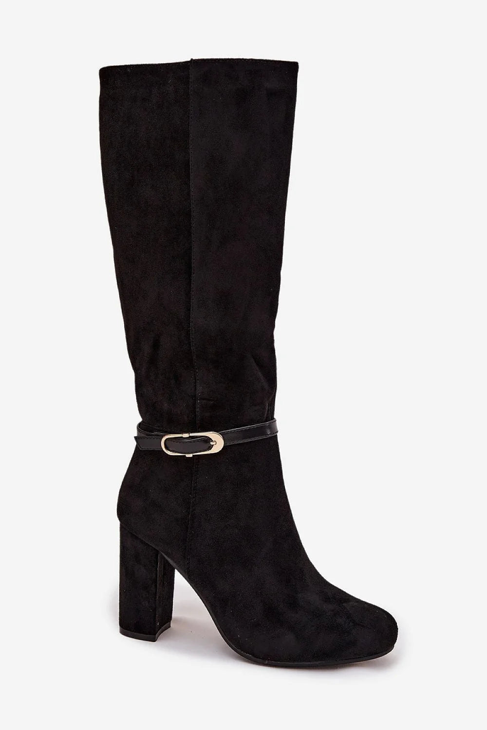 bottes hautes femme suédine écologique noires tige genou fermeture éclair latérale talon bloc bout arrondi bride fine boucle dorée confort