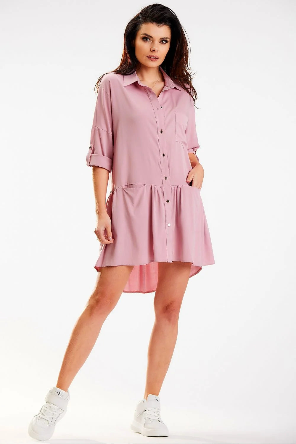 Robe chemise awama loose fit col trapézoïdal manches longues boutons dorés couleur rose pâle polyester viscose femme