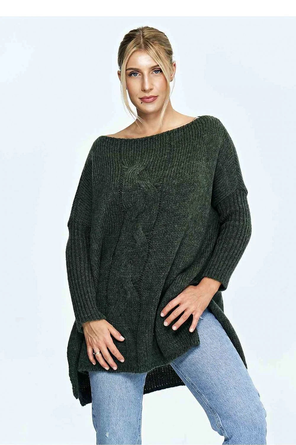 Pull pour femme ample en maille laine tricoté oversized épaules tombantes manches longues encolure bateau fentes côté couleur vert foncé