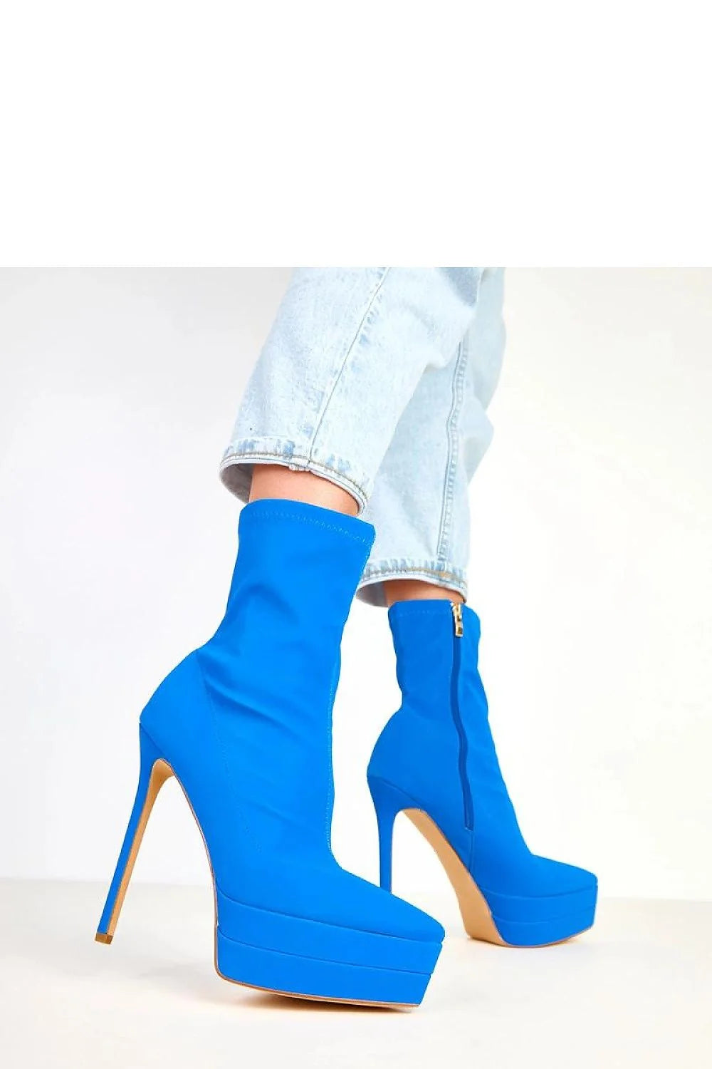 bottines femme satin bleu cobalt lustré élégantes féminines bout pointu talon aiguille très haut plateforme compensée tige montante zippée dorée