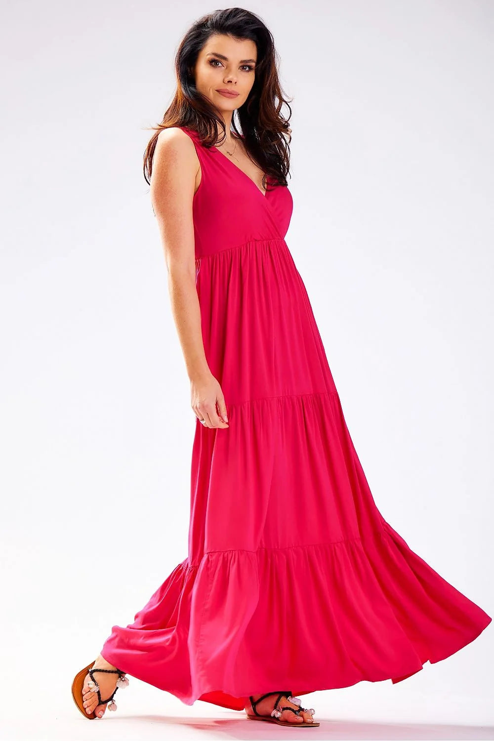 Robe de jour awama longue ample en viscose naturelle rose vif volants décolleté V sans manches été femme