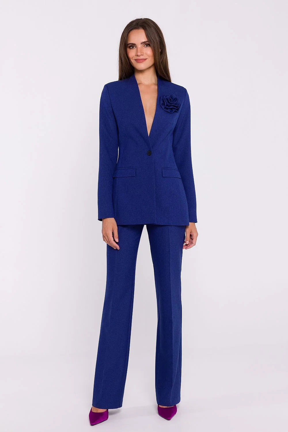 pantalon femme stylove taille haute jambes évasées bleu vif structuré sergé laine mélangée coupe classique allongeante sophistiquée confection polonaise professionnelle