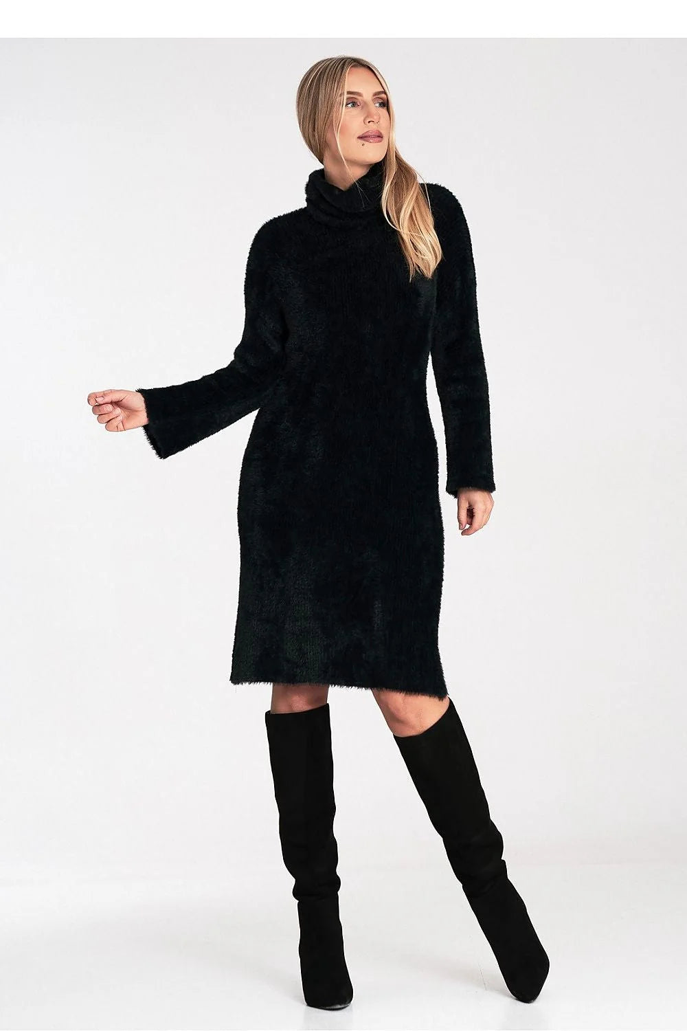 robe pull col roulé mi longue maille pelucheuse chenille noire manches longues coupe cintrée genou chaude confortable élégante féminine universelle