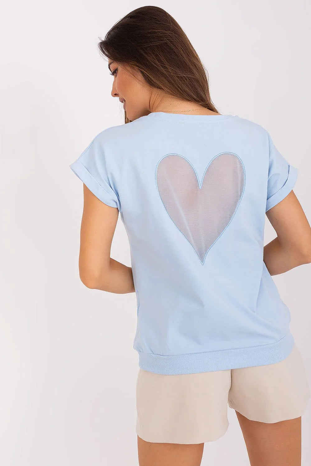 Ensemble chemisier et short Relevance, T-shirt loose manches courtes, short taille ajustée, coton 90% élasthanne 10%, bleu clair et beige, femme, look décontracté