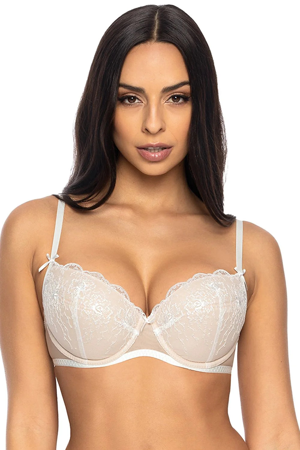 Soutien-gorge push-up élégant dentelle floral beige nude bretelles ajustables décolleté plongeant femmes