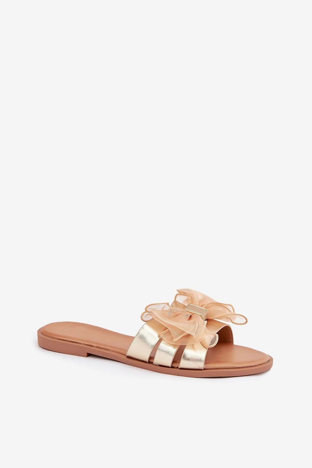 Sandales pour femme en cuir artificiel doré champagne, style élégant, nœud en organza, semelle plate, confortable, occasion casual chic, tailles 36-41
