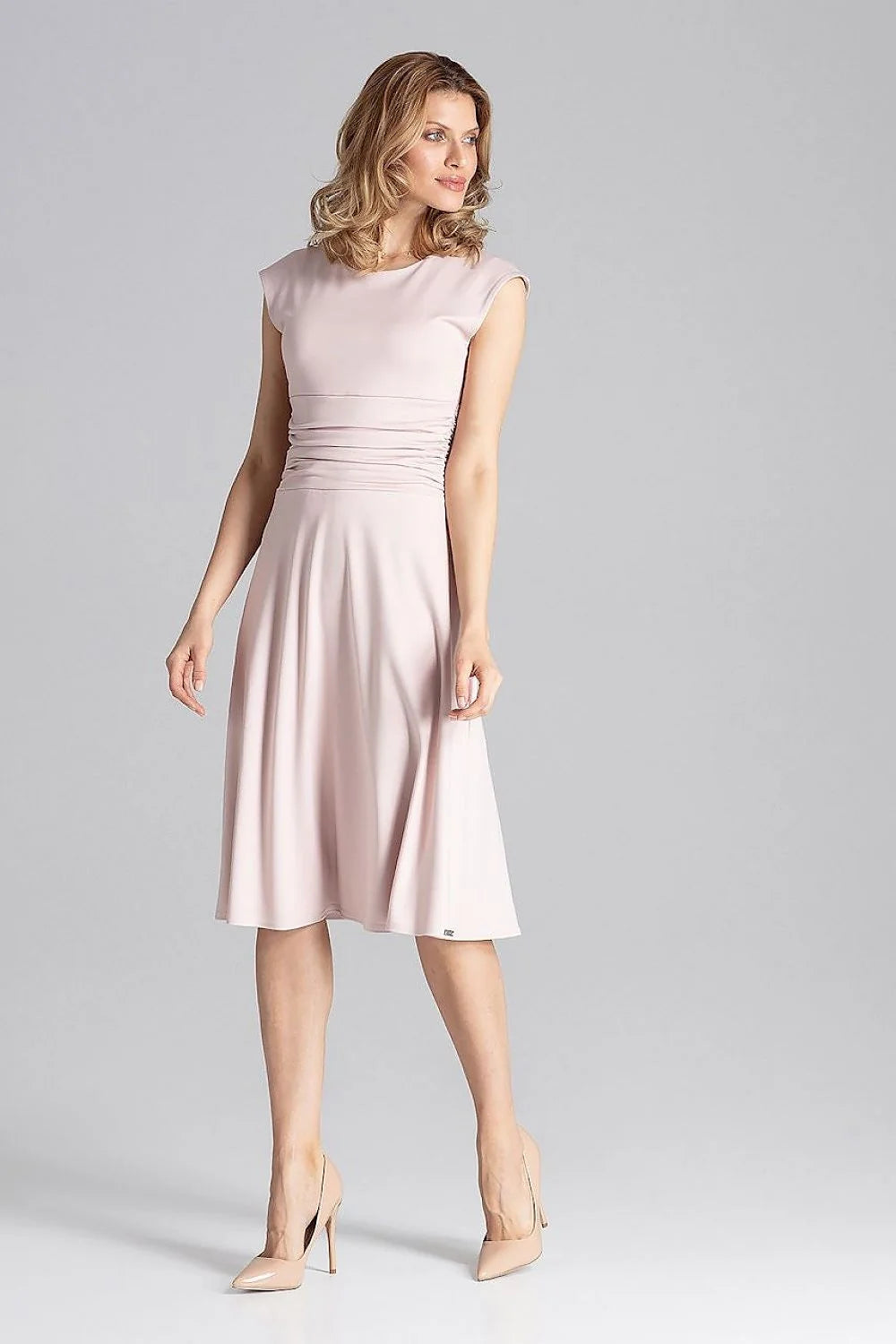 Robe élégante en polyester rose coupe évasée manches courtes pour occasions formelles et bureau