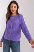 Cardigan femme en laine violet tricot motifs torsades losanges manches longues encolure ronde boutons violet longueur standard
