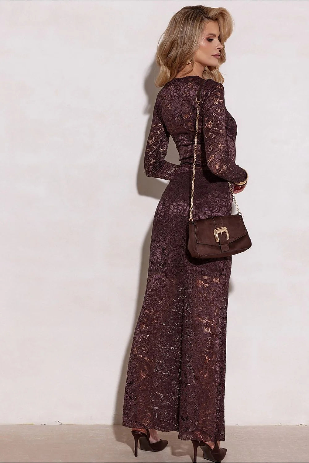 body dentelle manches longues prune floral moulant sexy élégant sophistiqué semi transparent doublure culotte confortable extensible stretch glamour soirée gala