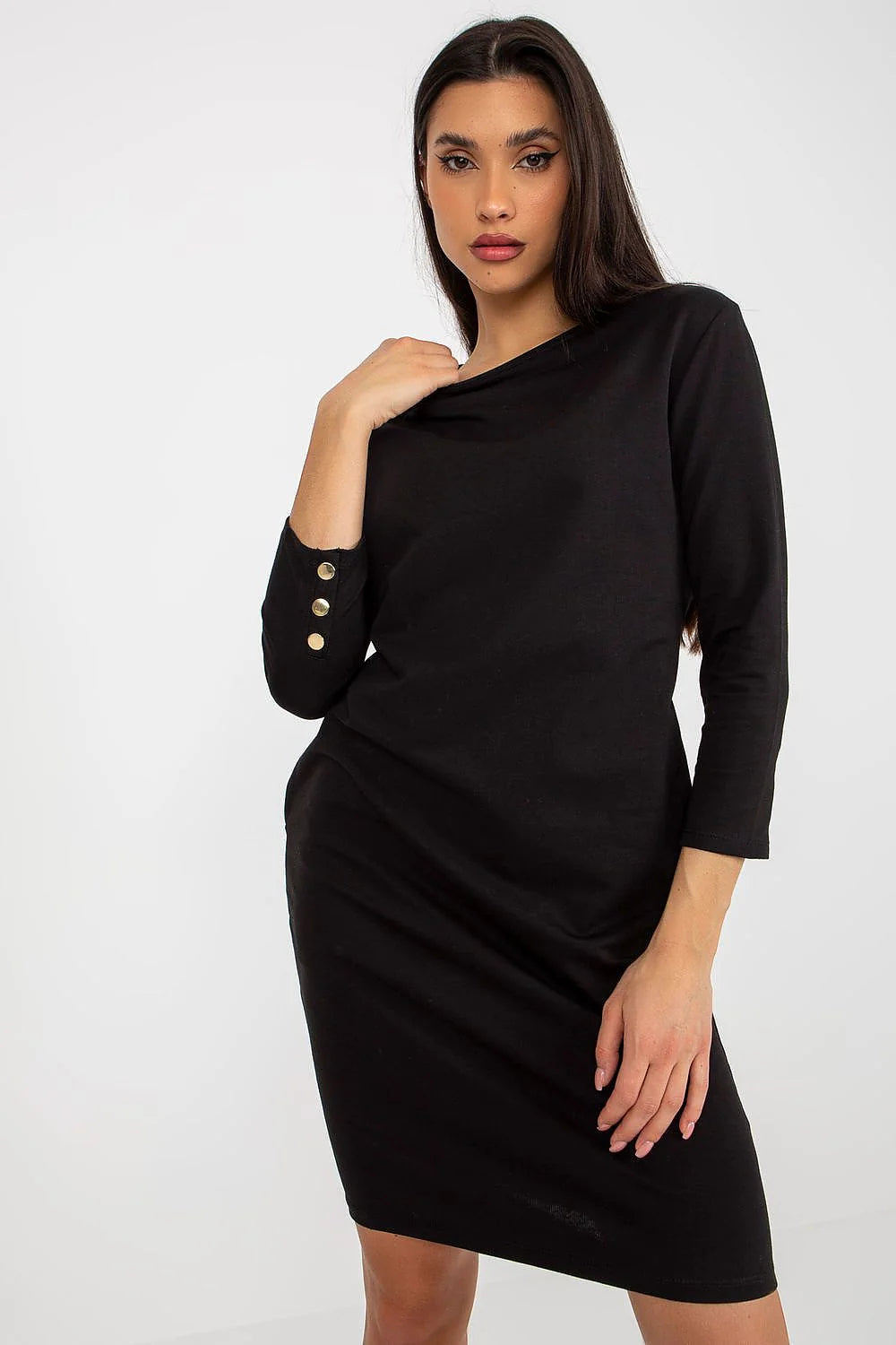 Robe élégante pour femme style minimaliste manches 3/4 encolure bateau tissu coton élasthanne polyvalente beige
