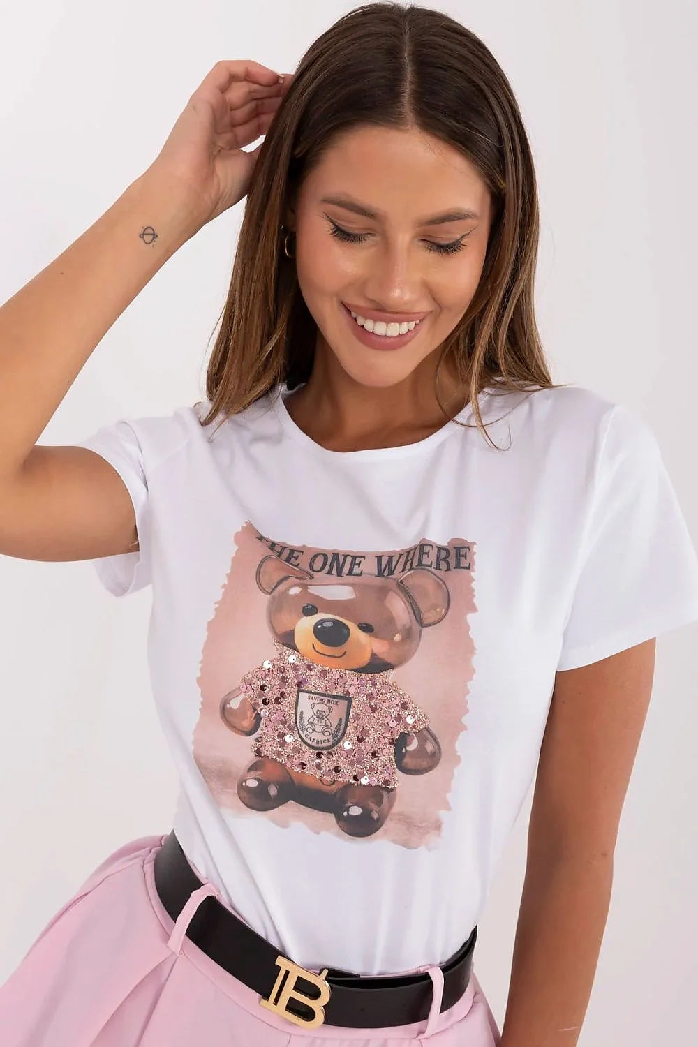 T-shirt et short imprimé ours en peluche paillettes coton élasthanne rose pastel femme