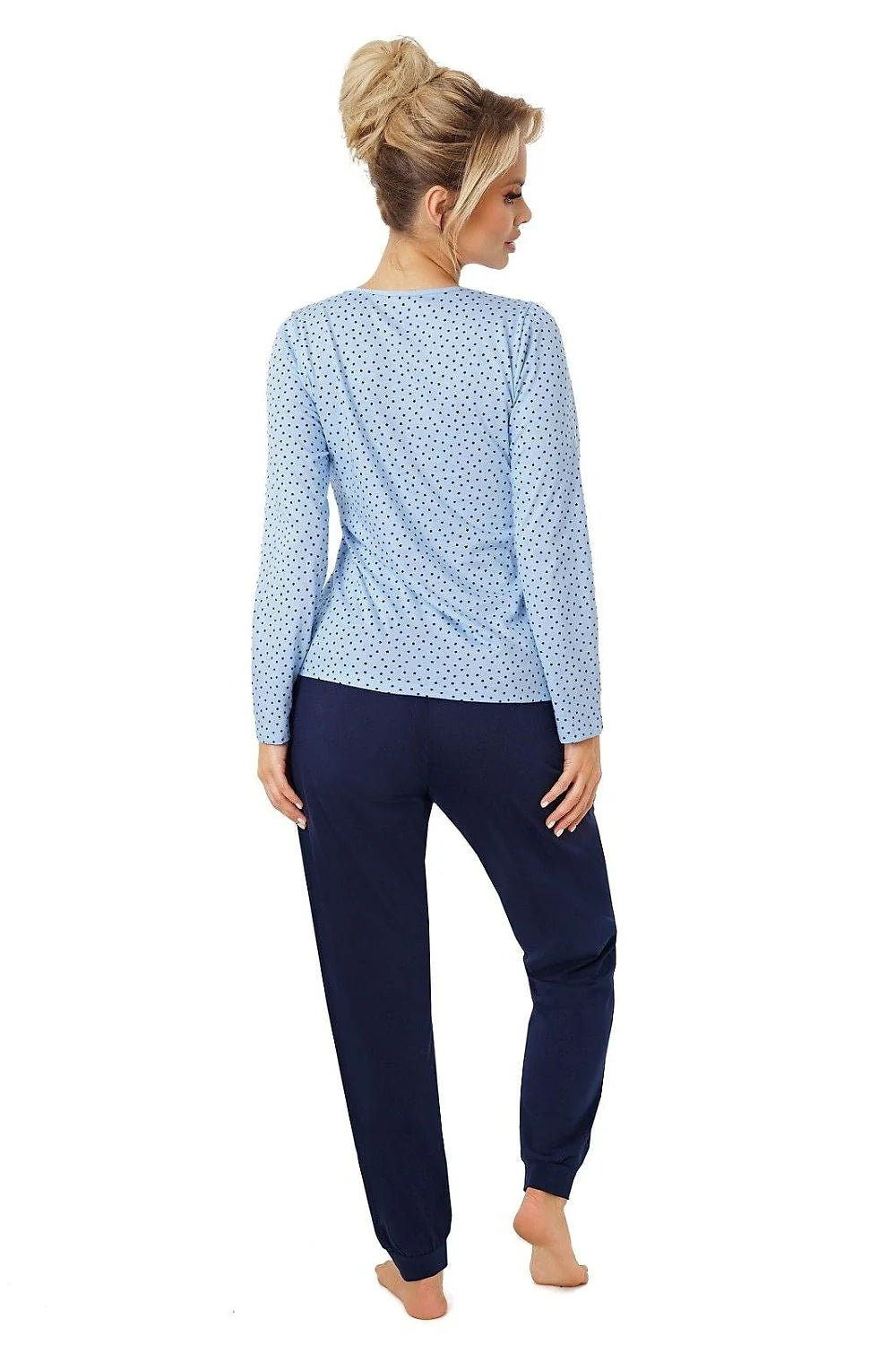 pyjama femme cotonpur doux jersey manches longues encolure ronde motif étoiles petits pois pantalon marine taille élastique bas resserrés confortable