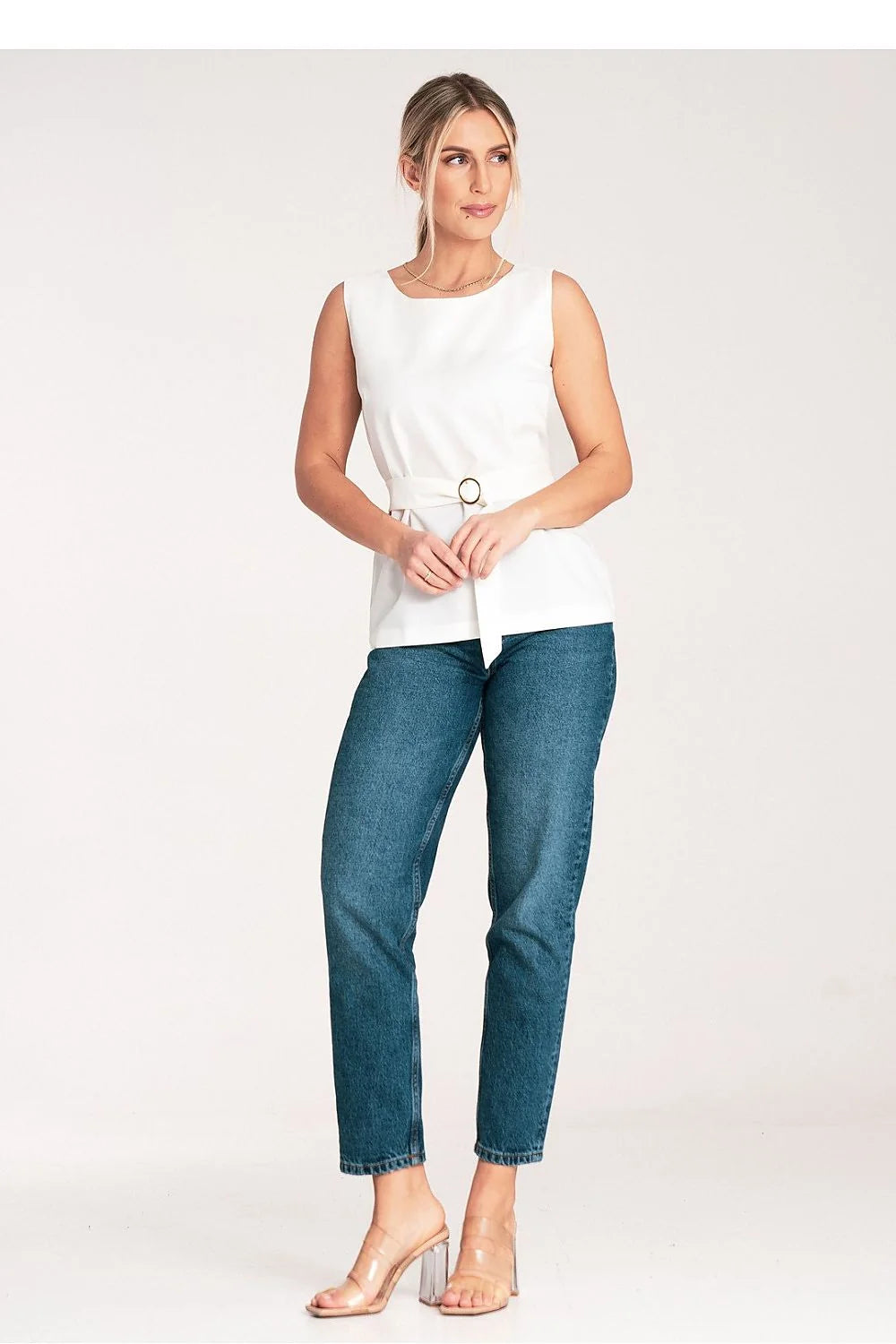 Chemisier Figl Femme Sans Manches Blanche Élégant Coupe Cintrée Ceinture Dorée Polyester Viscose Tailles XS à XL