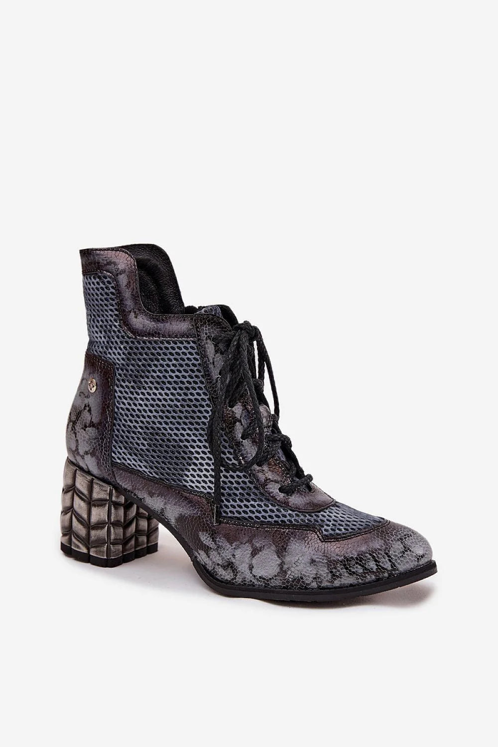 bottines femme Maciejka cuir naturel métallisé serpent pointu talon bloc sculpté motif géométrique lacées zippée mesh confortable automne