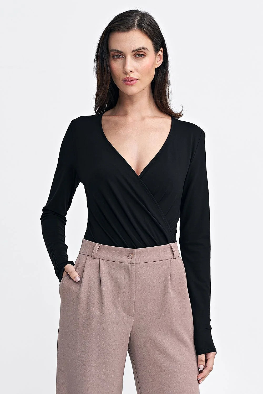 Haut et pantalon femme élégant manches longues col V profond portefeuille design taille haute plis couleur noire beige clair