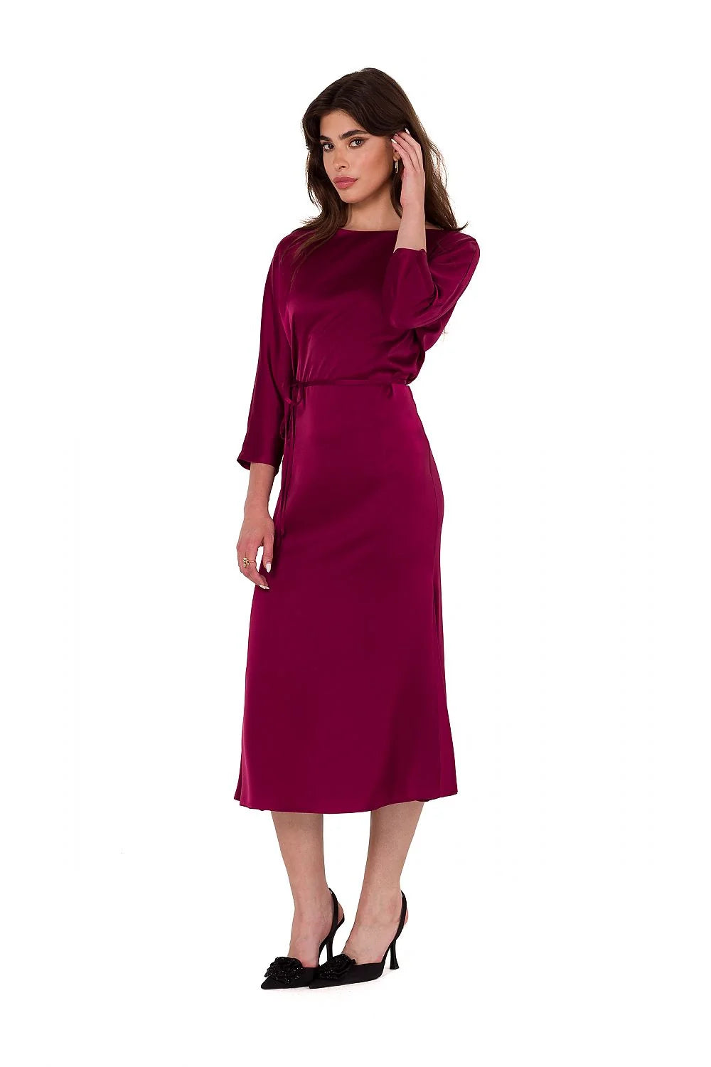 Robe de soirée Makover élégante couleur bordeaux manches kimono ceinture fine encolure bateau tissu satiné