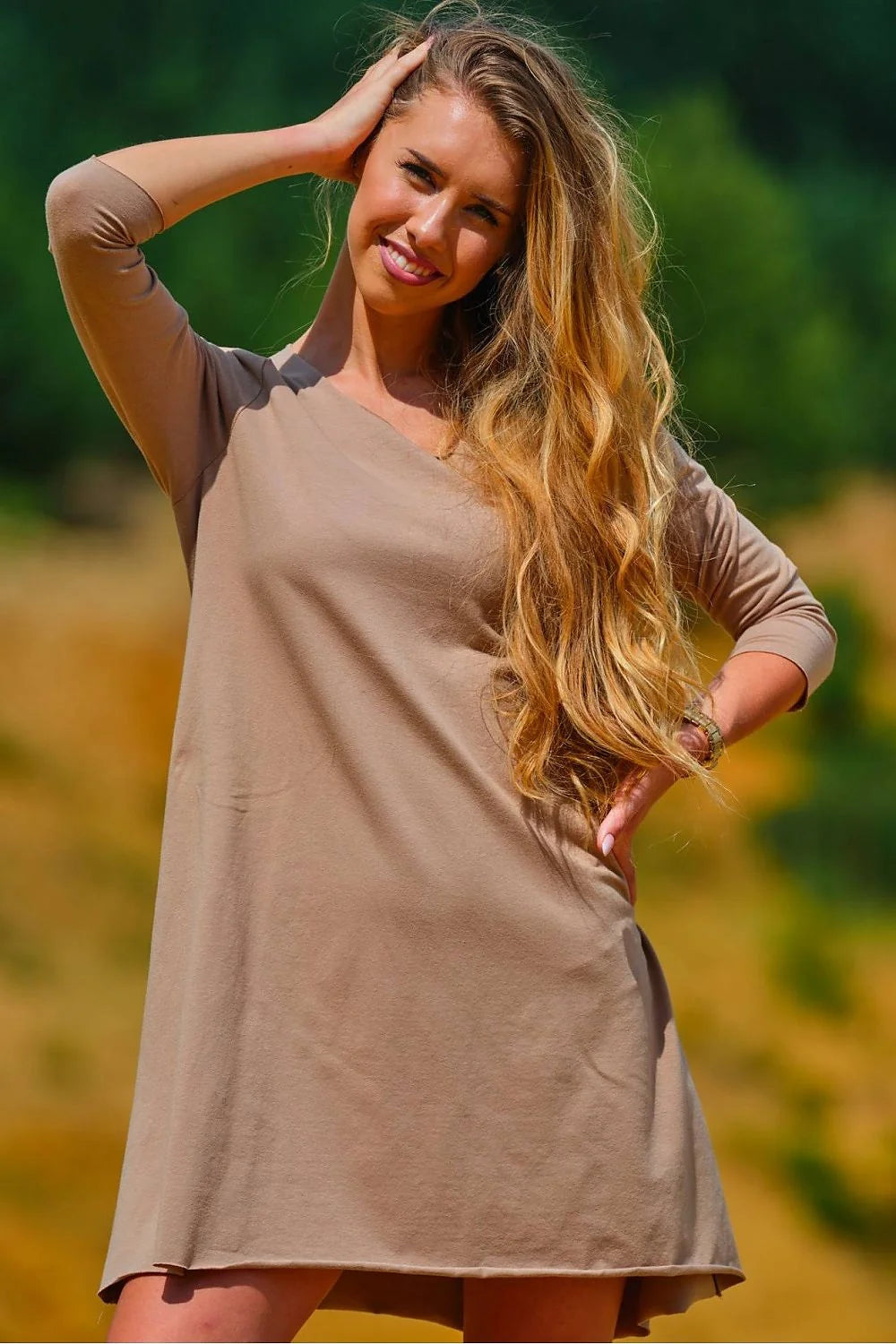 robe jour élégante manches troisquarts encolure arrondie dos allongé coupe évasée jersey doux extensible coton lycra fabrication Pologne lilas pastel
