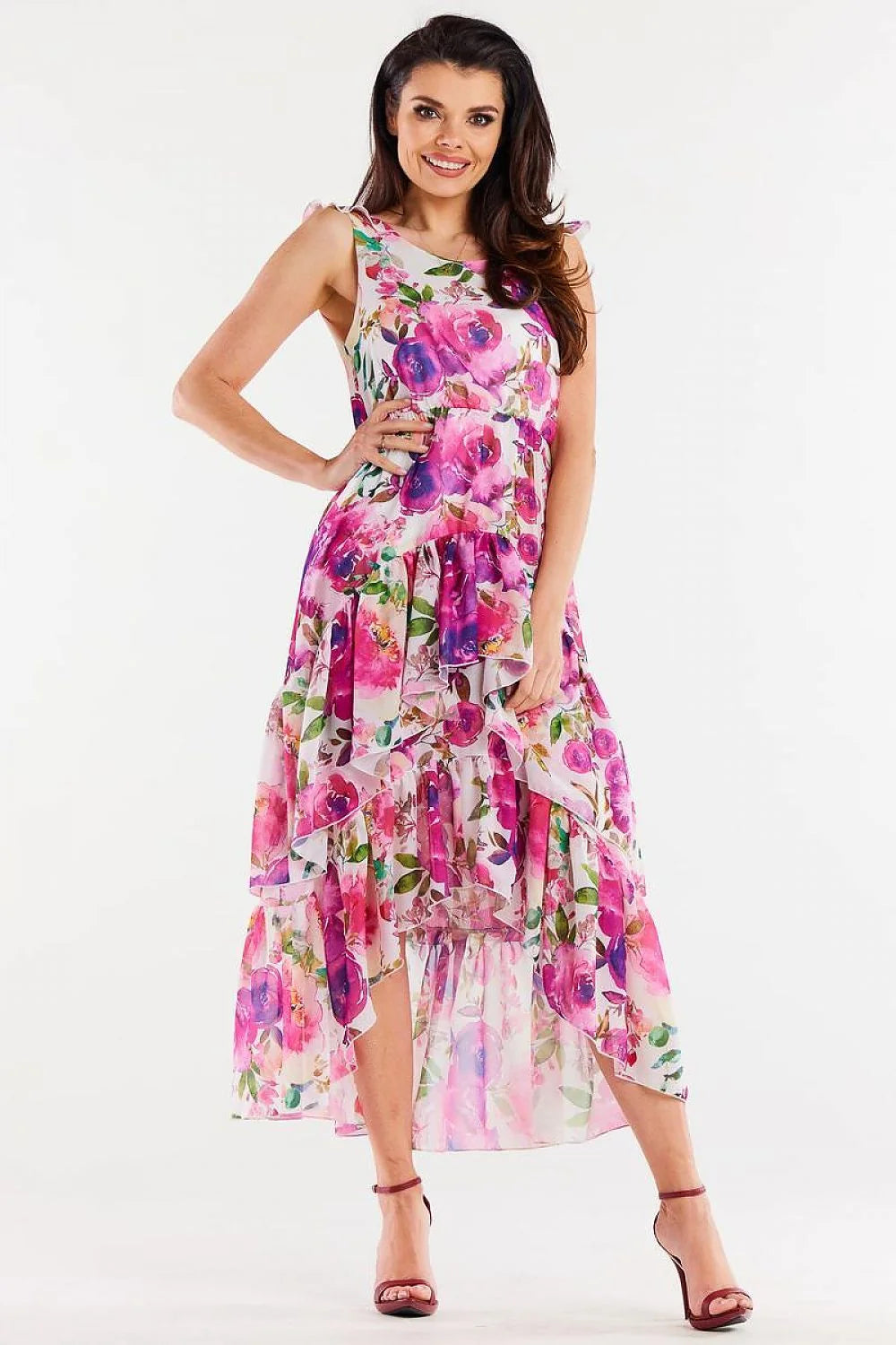 Robe asymétrique longue sans manches motif floral audacieux en mousseline élastique taille ajustable femme