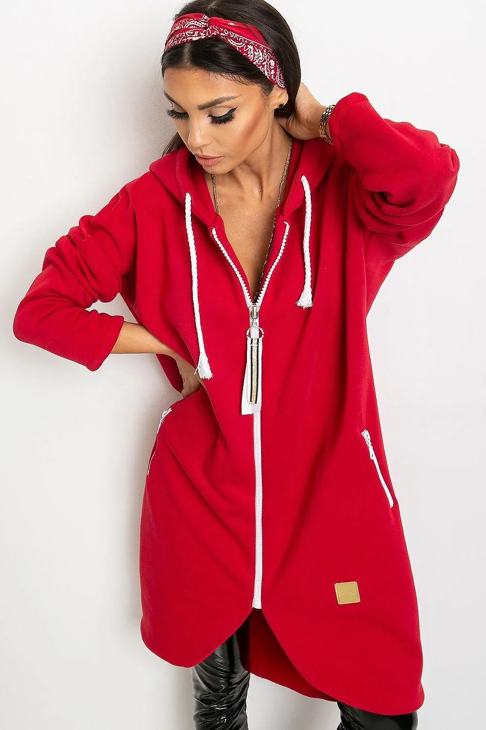 Sweatshirt pour femme coupe longline manches longues capuche fermeture éclair coton élasthanne beige sable