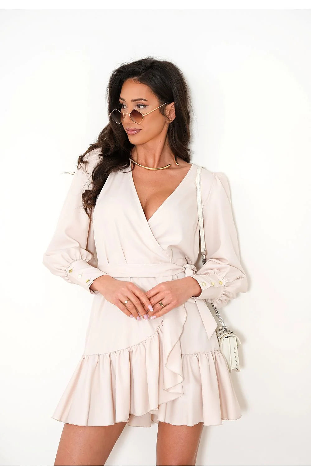 Robe de jour élégante La Balancia manches longues col en V plongeant ceinture ajustable beige clair femme
