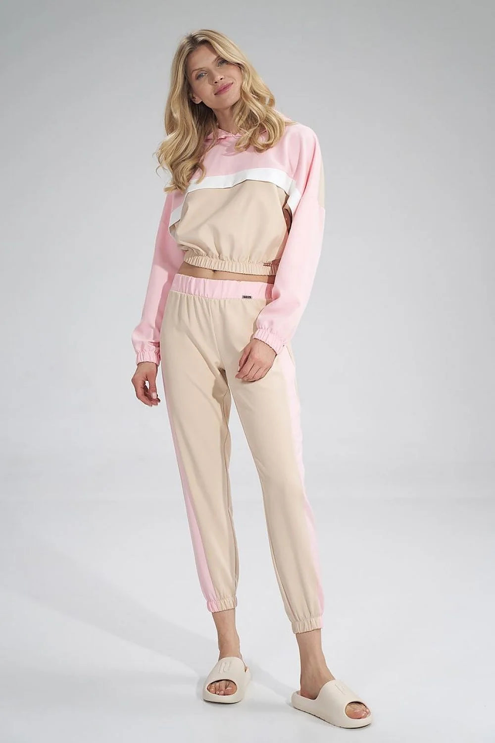 Pantalon survêtement femme tissu synthétique décontracté blanc élégant bandes carreaux confort ceinture élastique