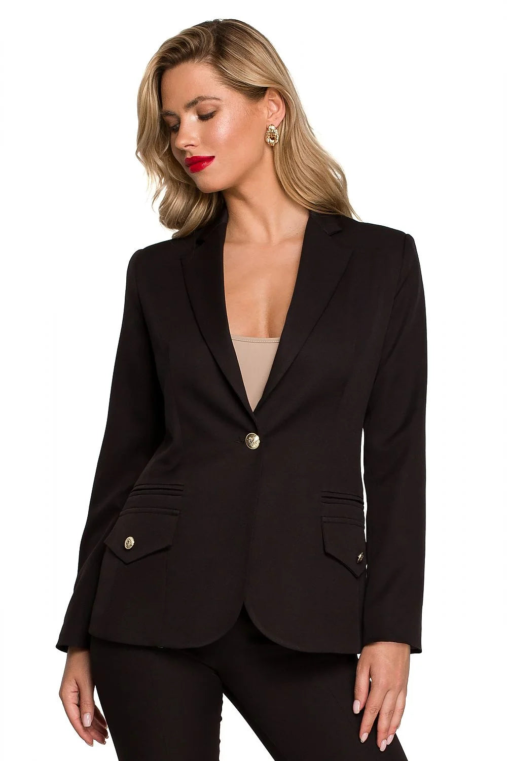 Blazer femme élégant couleur fuchsia vif coupe ajustée épaulettes discrètes col à revers cranté boutons dorés polyester 95% elasthanne 5% Makover