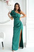 Robe de soirée élégante longue asymétrique épaule nue volant vert émeraude tissu fluide polyester elasthanne femmes