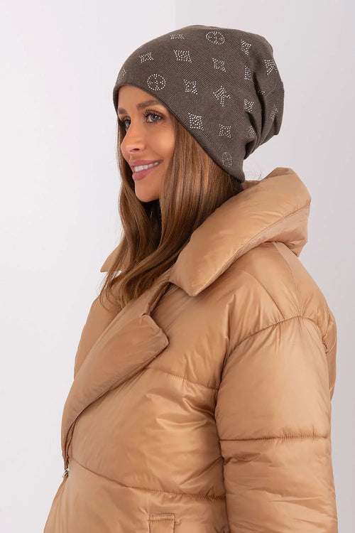 bonnet hiver femme cachemire acrylique coton chaud doux élégant sophistiqué décontracté maille côtelée taupe strass géométriques