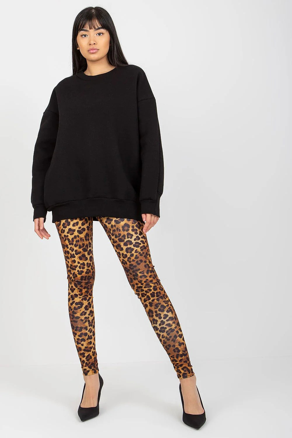 Sweatshirt Set Femme À Col Rond Manches Longues Coupe Amples Leggings Léopard Élasthanne Polyester Mode Urbaine Casual
