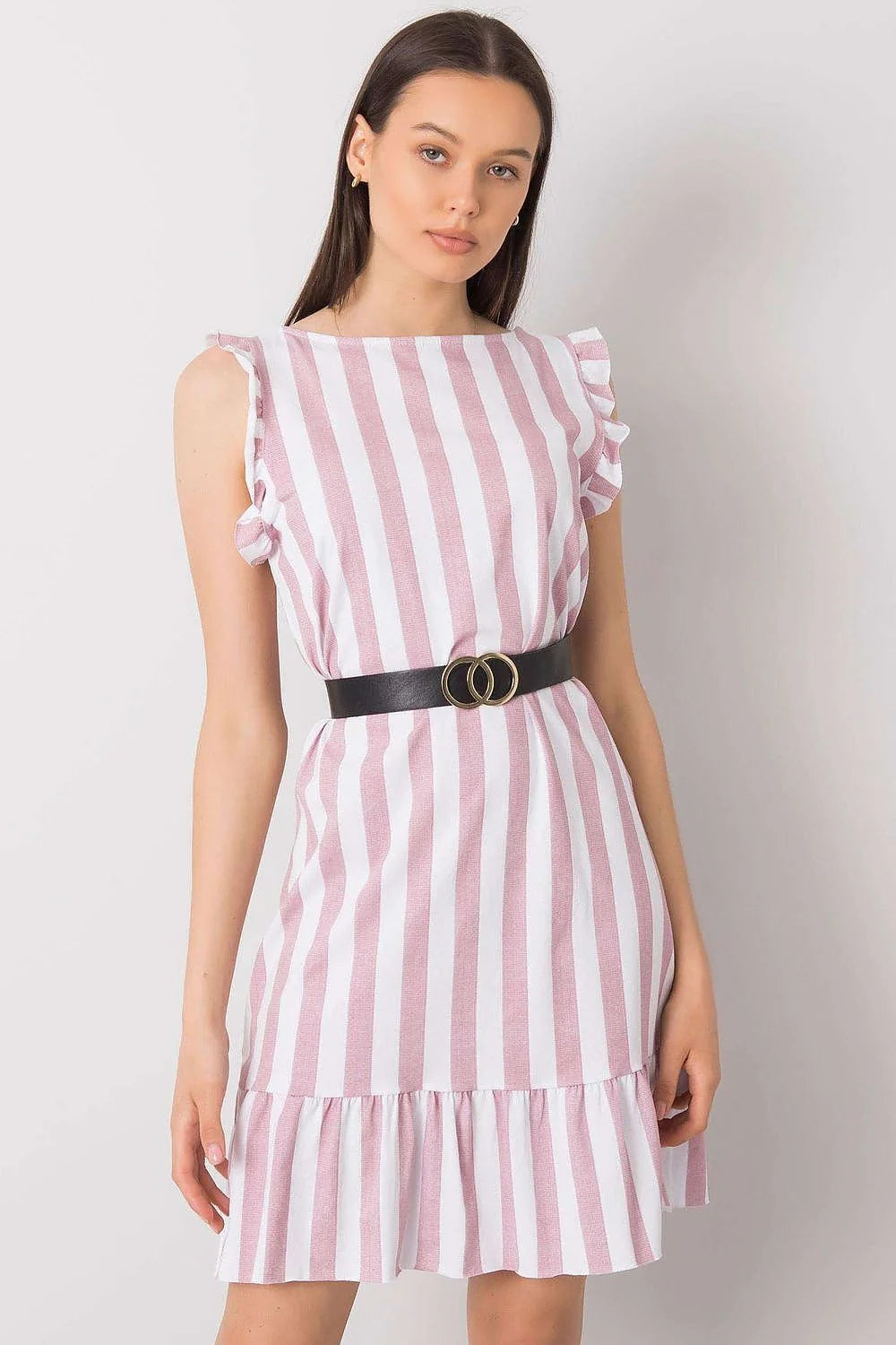 Robe d'été sans manches rayures blanches et roses coton 100 % ceinture métal doré femme