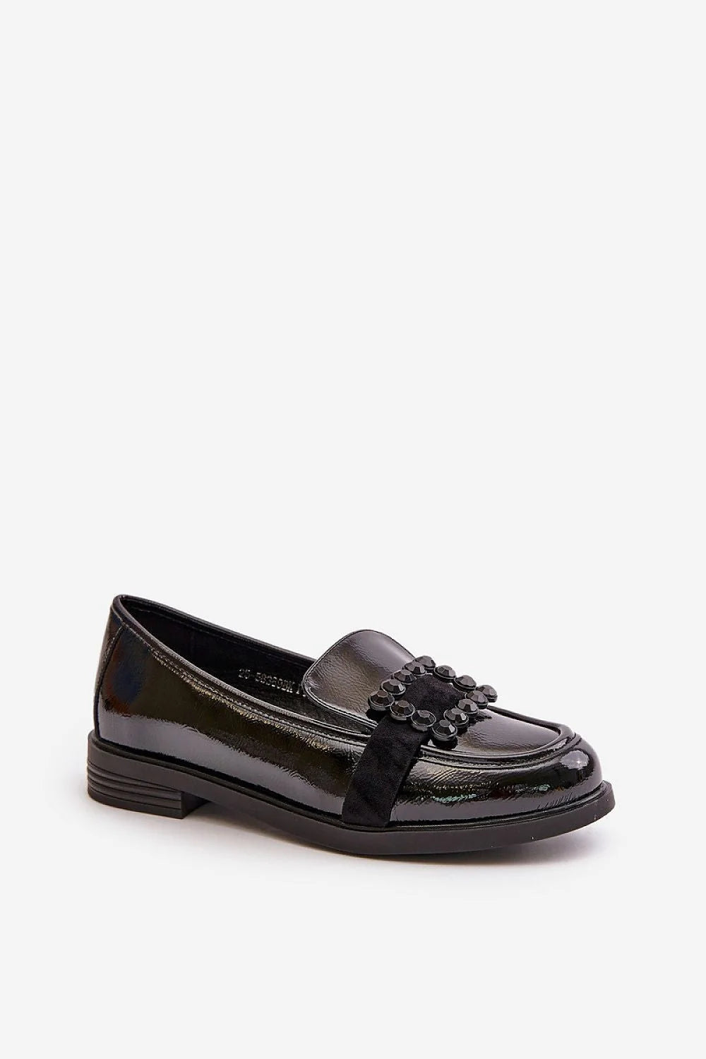mocassins femme verni noir classique loafers bout arrondi bande velours ornement perles noires boucle brillante semelle caoutchouc talon bas rembourree