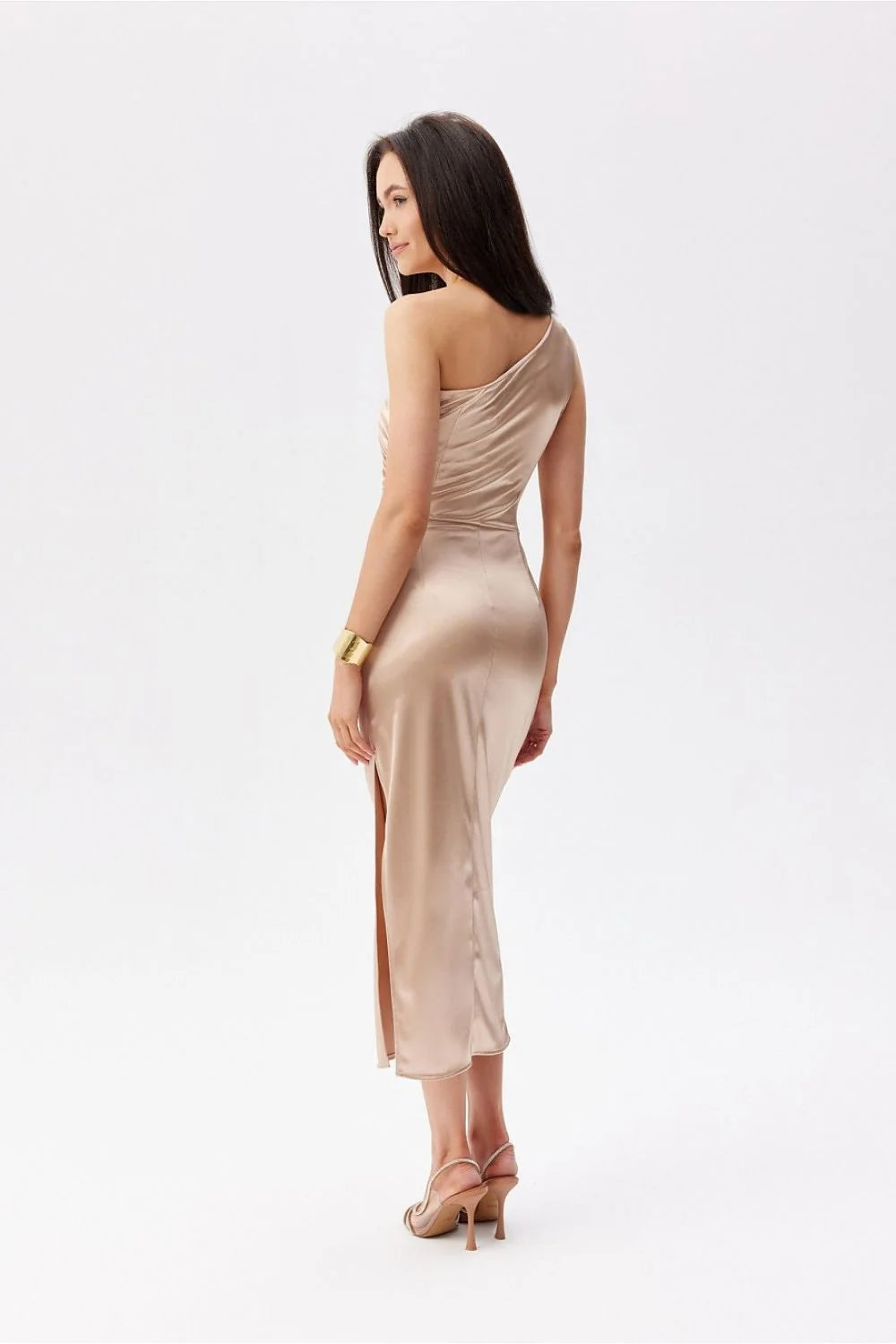Robe de soirée élégante asymétrique épaule unique satin champagne sans doublure fermeture éclair femme robe midi fente jambe occasion spéciale gala