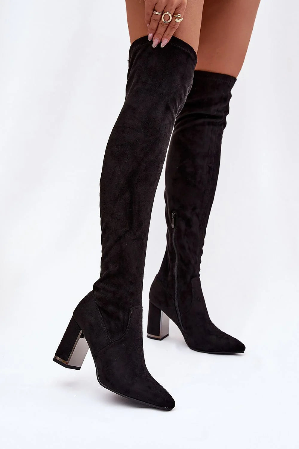 bottes cuissardes femme suédine écologique noir tige haute bout pointu talon bloc insert métal fermeture éclair doublure molletonnée