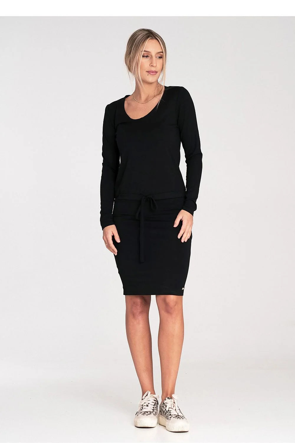 robe jour élégante viscose manches longues ceinture ajustable femme noir midi fourreau col rond extensible doux confortable coupe ajustée silhouette