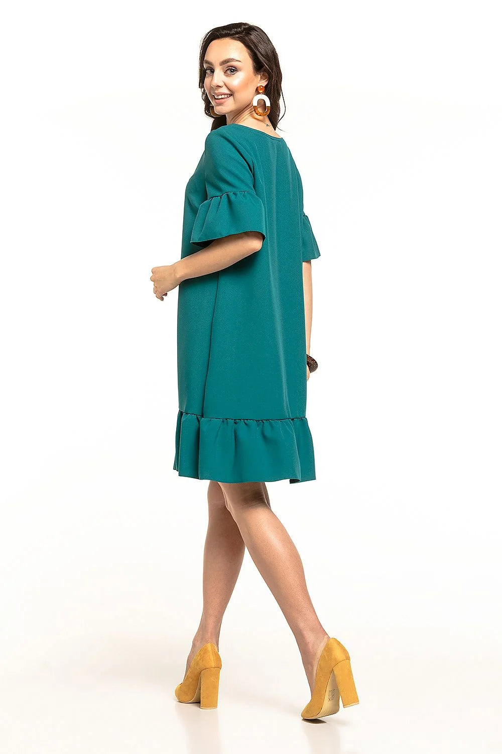 robe Tessita polyester élasthanne élégante bleu clair coupe trapèze courte col rond nœud manches volants ourlet froncé fluide confortable estivale