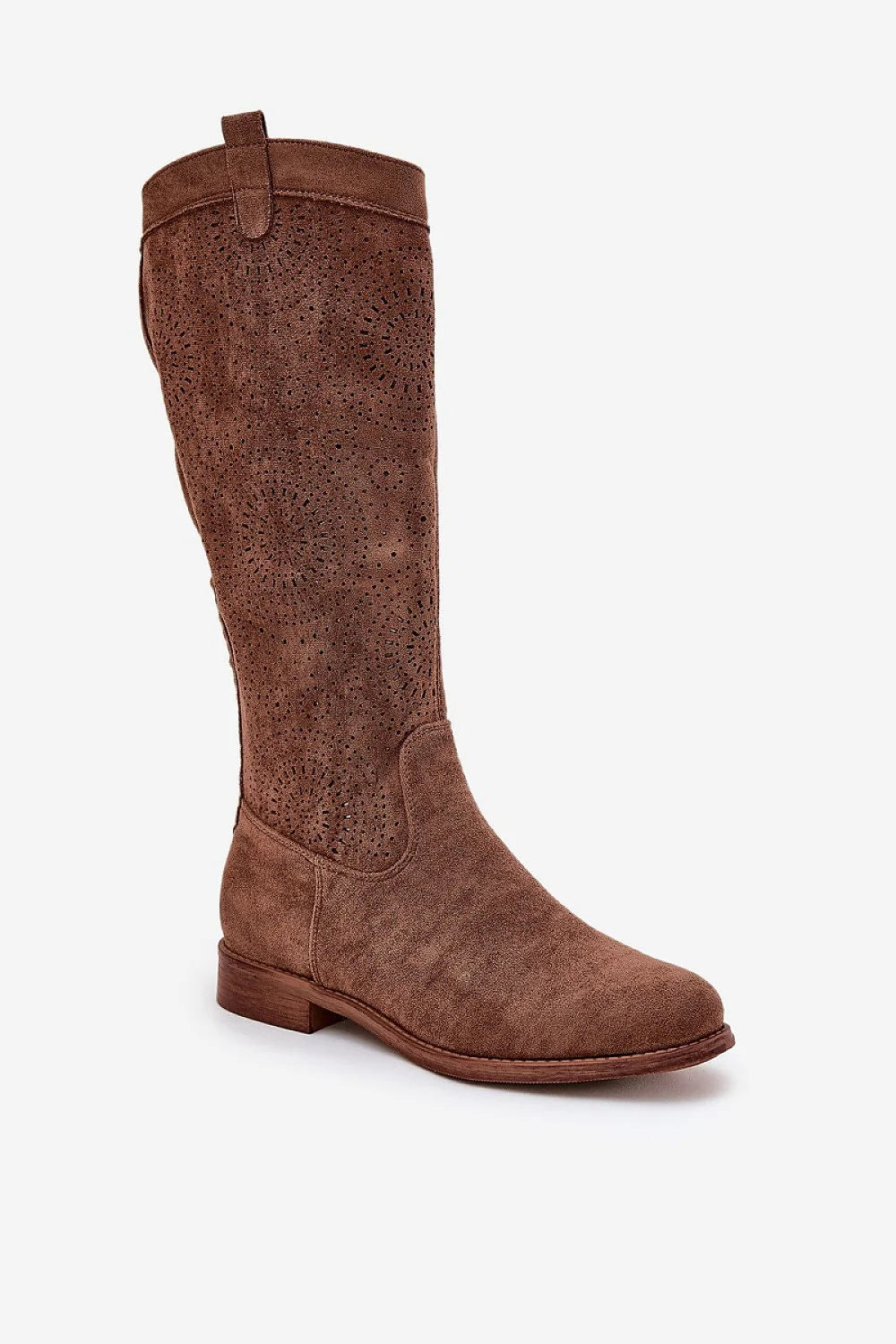 Bottes cuissardes féminines en daim éco-friendly perforées fermeture éclair couleur marron terre talon plat 36cm