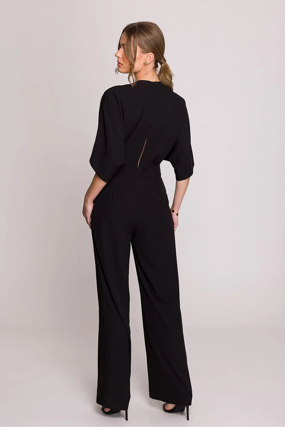 Combinaison Stylove élégante moderne pour femmes V-neck croisé jambes larges taille haute polyester noir occasion formelle soirée