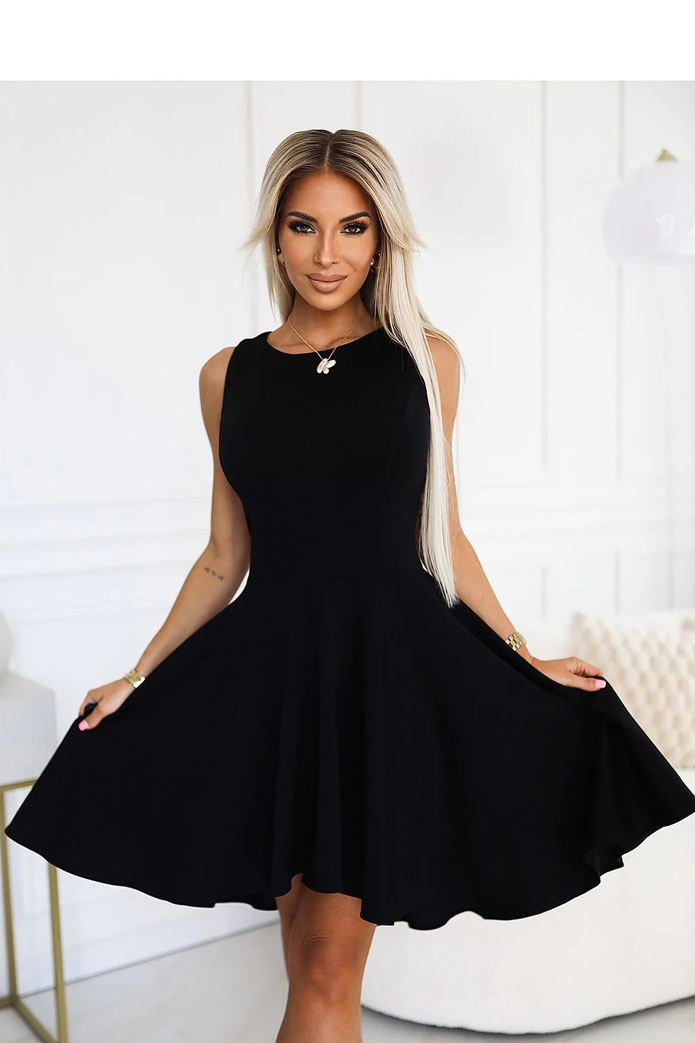 Robe cocktail Numoco noire élégante sans manches dos long en élasthanne polyester taille ajustée femme longueur genou