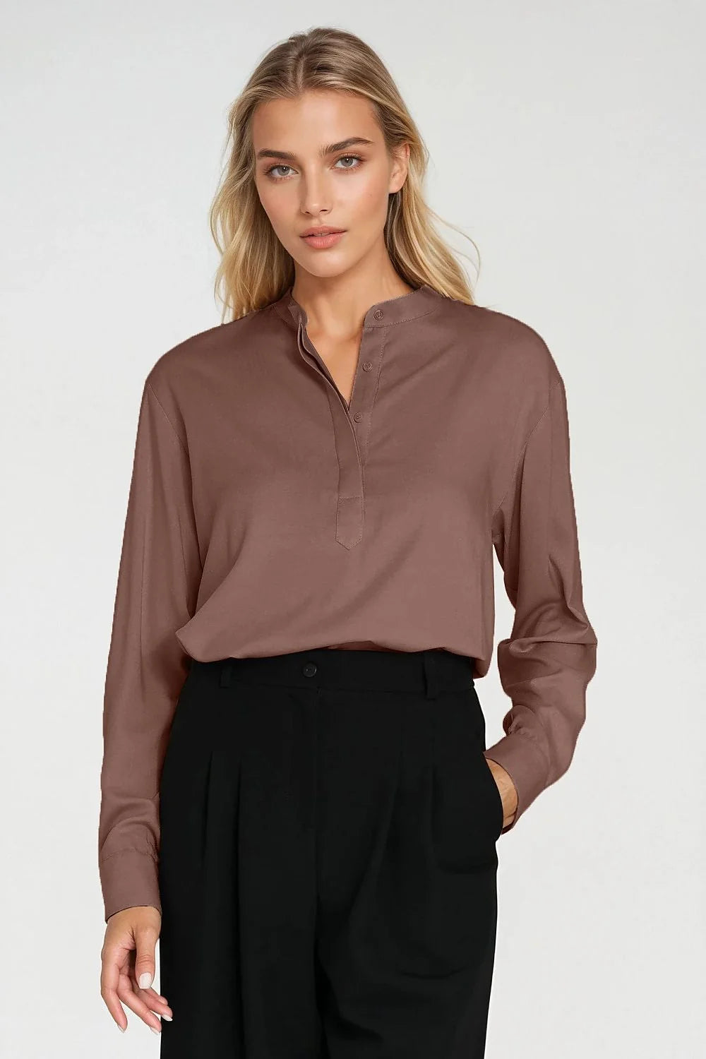 chemisier femme oversize viscose légère drapé satiné moka col mao patte boutonnage cachée manches longues poignets boutonnés élégant smartcasual