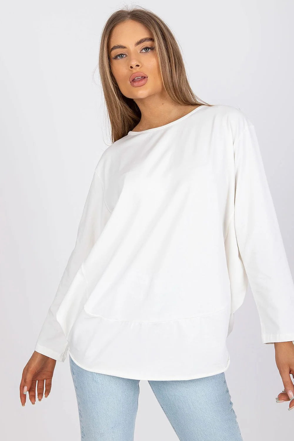 Chemisier pour femme en coton élasthanne blanc ample manches longues encolure ronde occasion polyvalente