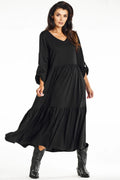 Robe de jour awama longue ample en viscose noire manches longues col V taille haute femme