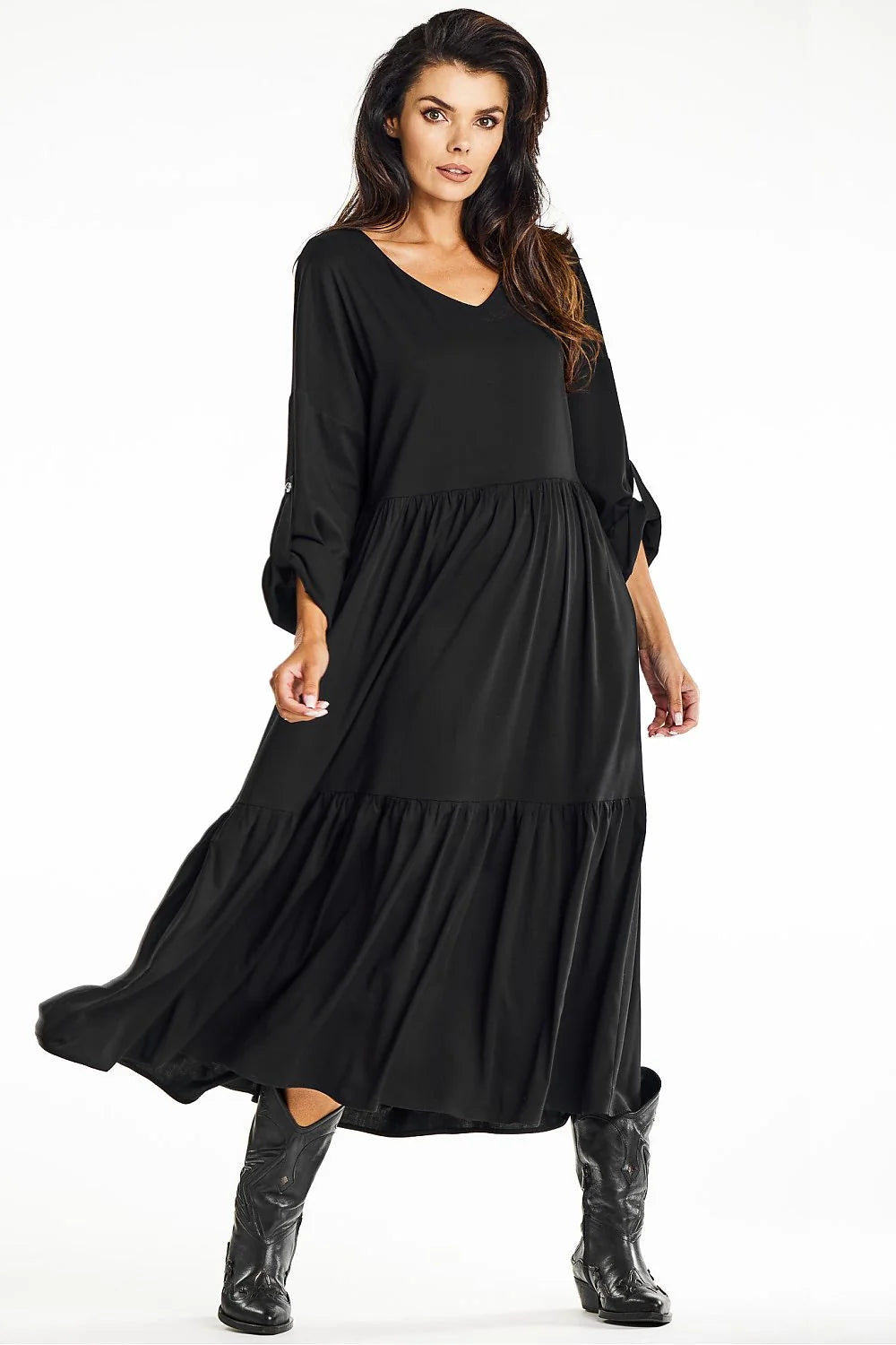 Robe de jour awama longue ample en viscose noire manches longues col V taille haute femme