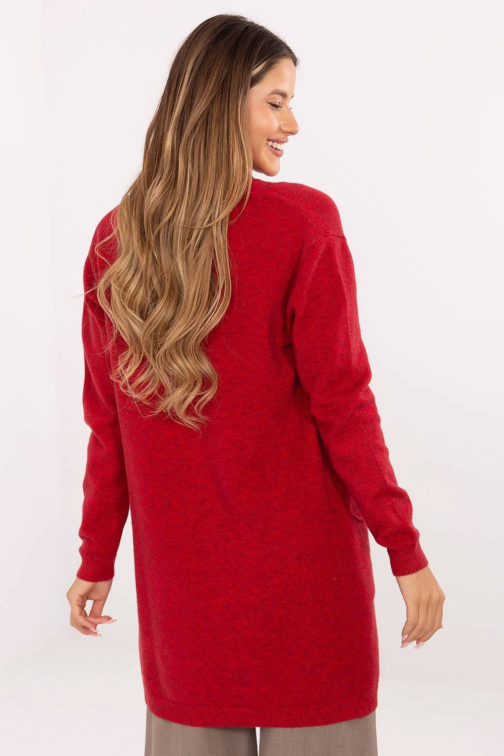 cardigan long ouvert femme maille douce viscose modal nylon rouge profond oversize mi cuisses manches longues poches plaquées