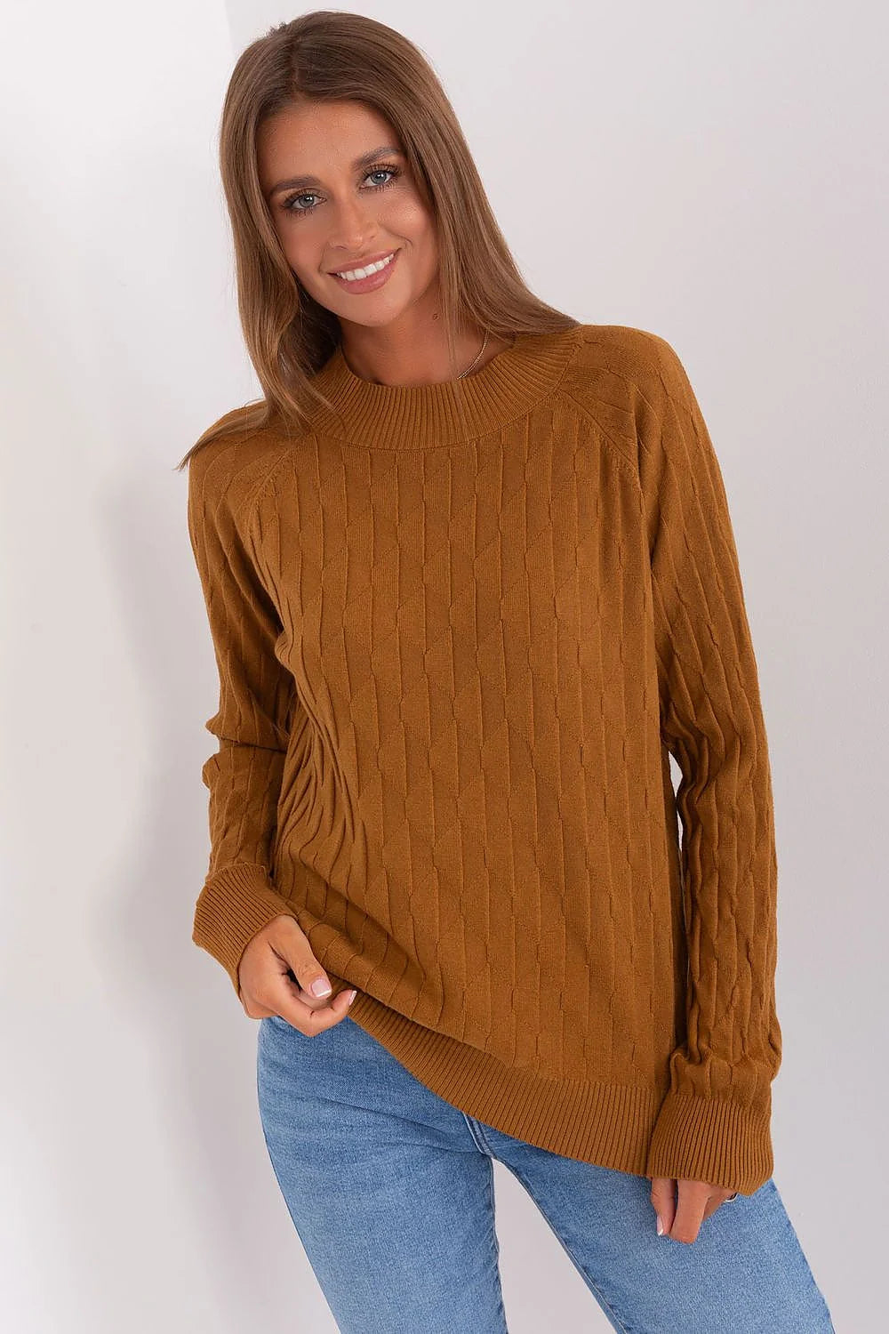 Pull pour femmes Chandail AT en polyester manches longues col rond torsadé caramel brown casual