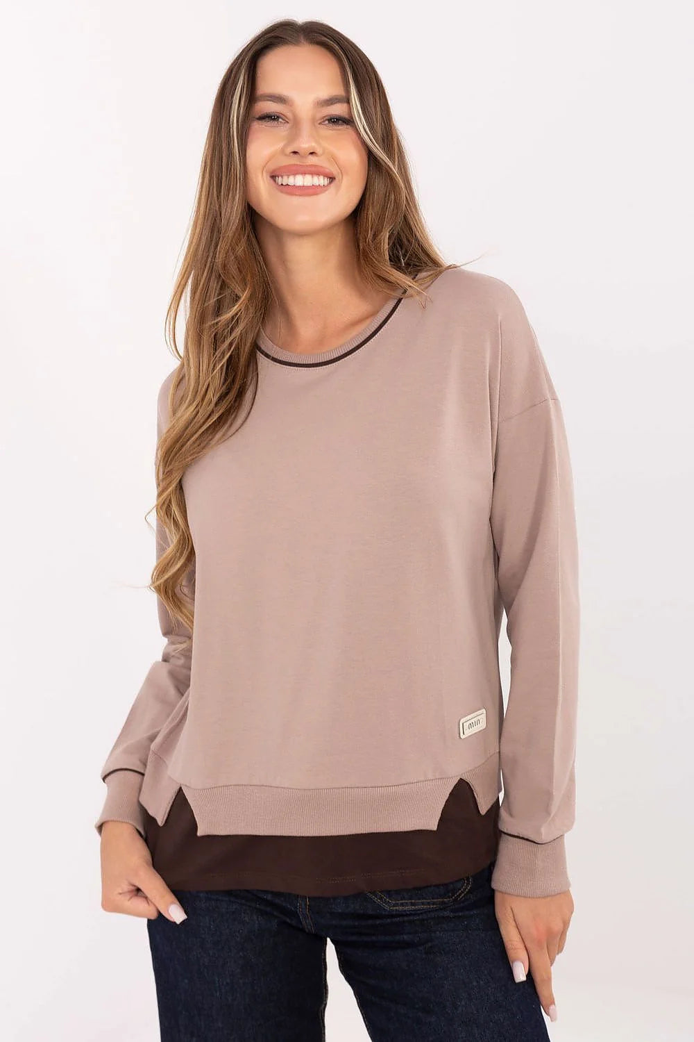 sweatshirt femme décontracté coton doux élasthanne jersey taupe col rond manches longues coupe droite ourlet tombant liseré brun
