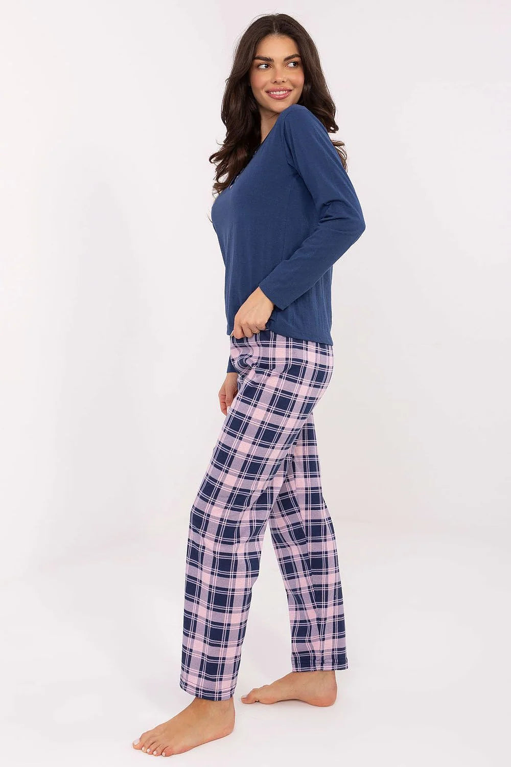 pyjama femme haut manches longues col rond pantalon droit carreaux rose marine flanelle chaude élastiquée coupe ample confortable